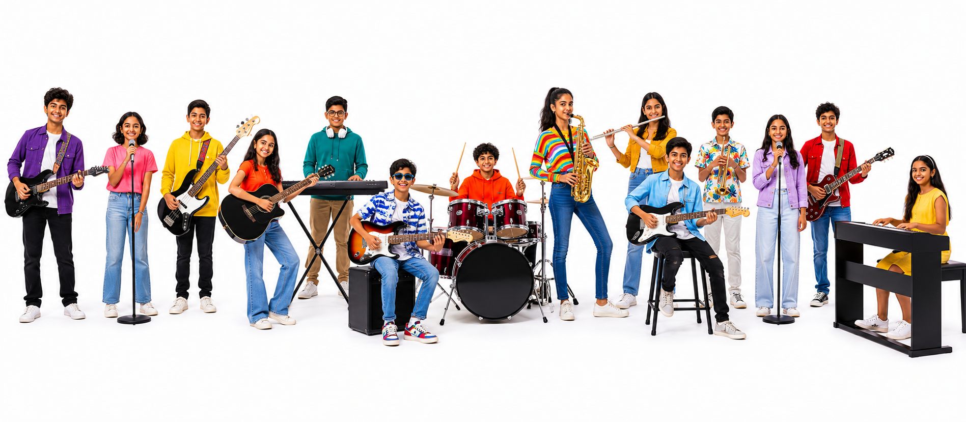 A colourful ensemble of Brooks Musicals students playing guitar, bass, drums, keyboard, flute, saxophone and singing