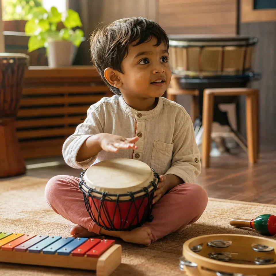 Indian young child discovering rhythm with percussion