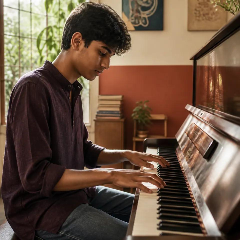 Indian teenage pianist at a warm studio piano
