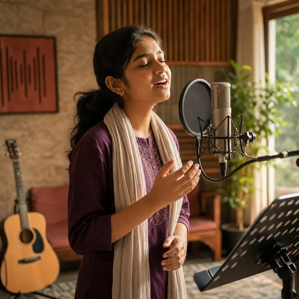 Indian teenage vocalist singing into a studio microphone